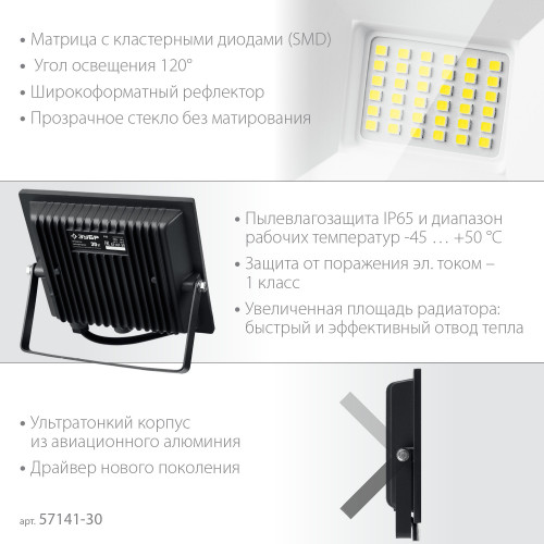ЗУБР ПСК-30 30 Вт, 6500К IP65 Светодиодный прожектор Профессионал, (57141-30)