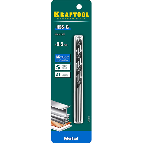 KRAFTOOL HSS-G 9.5 х125мм, Сверло по металлу HSS-G, сталь М2(S6-5-2)