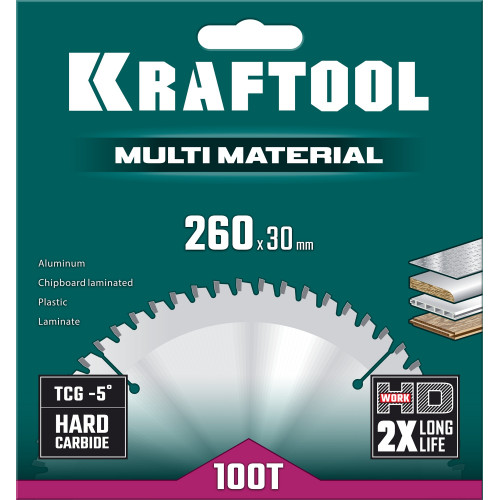 KRAFTOOL Multi Material 260х30мм 100Т, диск пильный по алюминию