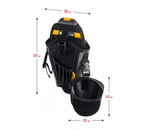 KRAFTOOL KH-5 с дополнительным съёмным карманом, с, быстросъёмным креплением FastClip, 5 отделений для свёрл и бит, кобура для шуруповерта (38769)