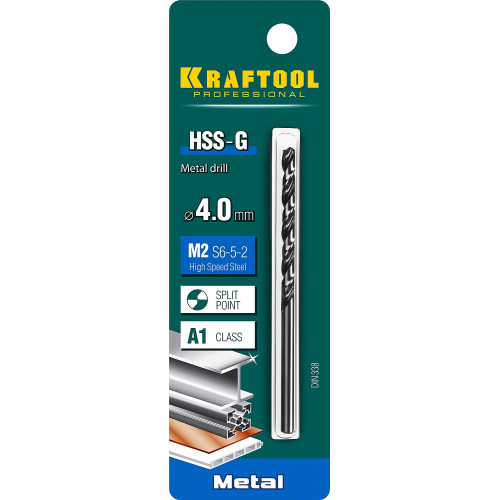 KRAFTOOL HSS-G 4.0 х75мм, Сверло по металлу HSS-G, сталь М2(S6-5-2)