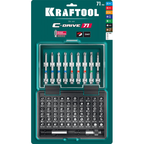 Набор KRAFTOOL: Биты ″C-Drive 71″ многофункциональные, CR-MO, адаптеры в ударопрочном компактном боксе, цветная маркировка типов шлицов. 71 предмет