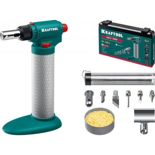 Газовый паяльник KRAFTOOL MULTI TORCH набор 8-в-1, 30-150 Вт, горелка, фен, пьезоподжиг, 1300°С