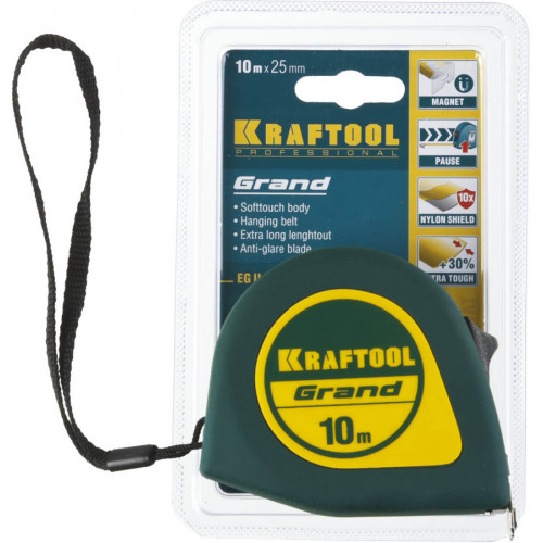 KRAFTOOL GRAND 10м / 25мм рулетка с ударостойким корпусом (ABS) и противоскользящим покрытием