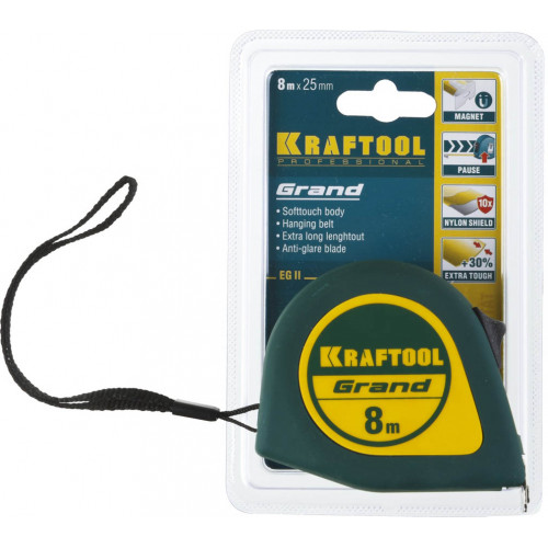 KRAFTOOL GRAND 8м / 25мм рулетка с ударостойким корпусом (ABS) и противоскользящим покрытием