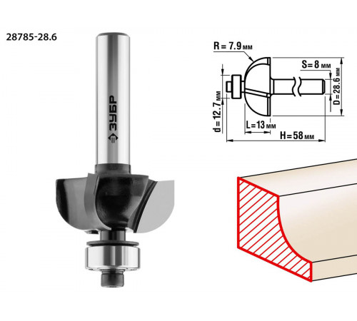 ЗУБР 28,6x13мм, радиус 7.9мм, фреза кромочная калевочная №2