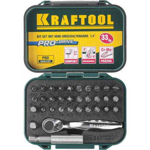 Набор бит ″EXPERT″с мини трещоткой 1/4″, KRAFTOOL 26157-H33, 33 предмета