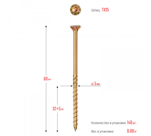 Конструкционные саморезы КС-П 60 х 5.0 мм, 140 шт., желтый цинк, ЗУБР