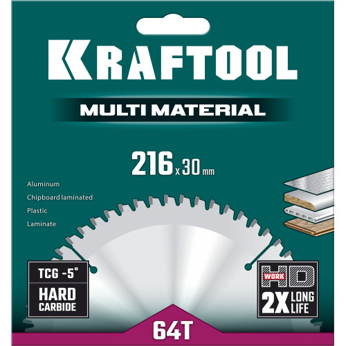 KRAFTOOL Multi Material 216х30мм 64Т, диск пильный по алюминию
