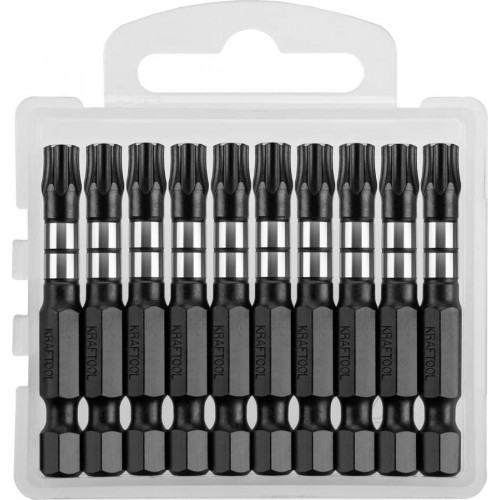 Биты KRAFTOOL Impact Pro, TORX, тип хвостовика E 1/4″, TX30, 50мм, 10шт, в пластиковом боксе