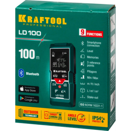 Дальномер ″LD-100″ лазерный, дальность 5см - 100м, точность 1,5 мм, KRAFTOOL 34765