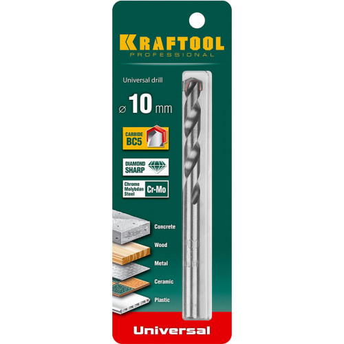 KRAFTOOL UNIVERSAL 10 х 120 мм сверло универсальное по металлу, бетону, кирпичу, керамике PROFESSIONAL