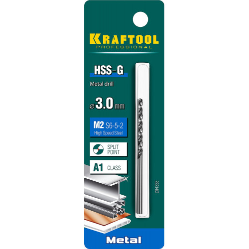 KRAFTOOL HSS-G 3.0 х61мм, Сверло по металлу HSS-G, сталь М2(S6-5-2)