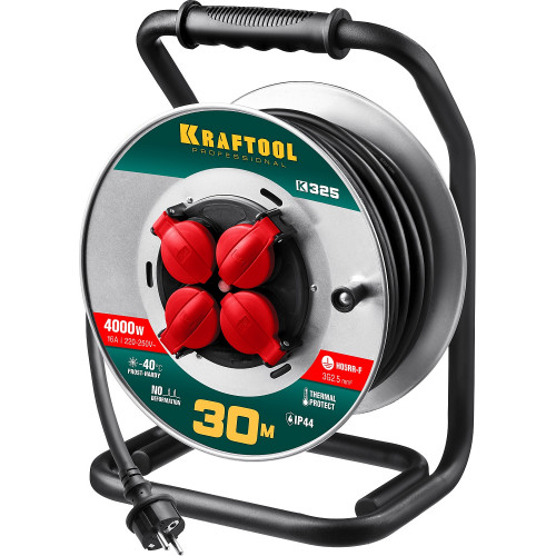 Силовой удлинитель на стальной катушке KRAFTOOL K-325 30 м, IP44