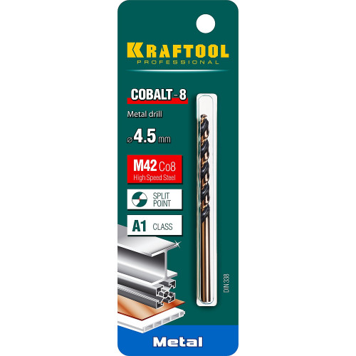 KRAFTOOL COBALT 4.5 х80мм, Сверло по металлу HSS-Co(8%) , сталь М42(S2-10-1-8)