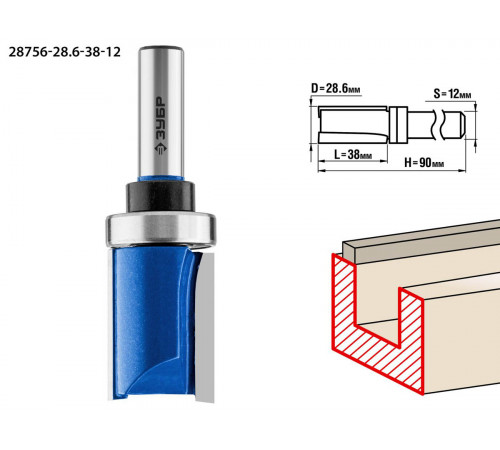 ЗУБР 28,6x38мм, хвостовик 12мм, фреза пазовая прямая с верхним подшипником