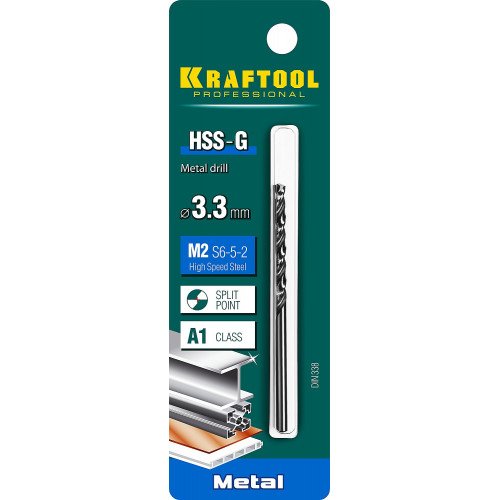 KRAFTOOL HSS-G 3.3 х65мм, Сверло по металлу HSS-G, сталь М2(S6-5-2)