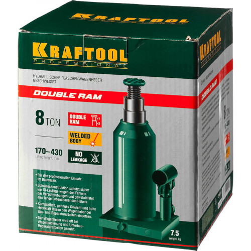 KRAFTOOL DOUBLE RAM 8т 170-430мм домкрат двухштоковый бутылочный с увеличенным подъемом, KRAFT BODY