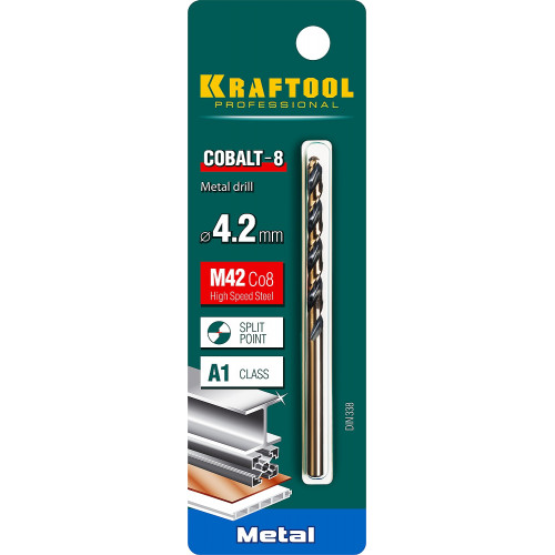 KRAFTOOL COBALT 4.2 х75мм, Сверло по металлу HSS-Co(8%) , сталь М42(S2-10-1-8)