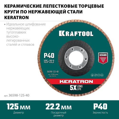 Круг лепестковый керамический торцевой по нержавеющей стали 125х22,2мм P40 KRAFTOOL KERATRON