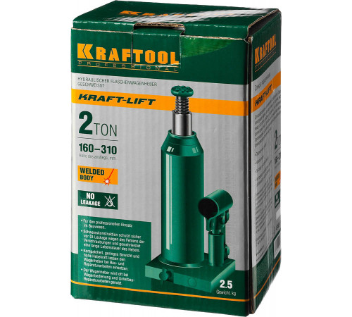 KRAFTOOL KRAFT-LIFT 2т, 160-310мм домкрат бутылочный гидравлический, KRAFT BODY