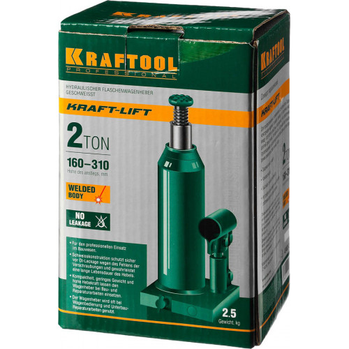 KRAFTOOL KRAFT-LIFT 2т, 160-310мм домкрат бутылочный гидравлический, KRAFT BODY