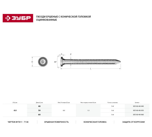 Гвозди ершеные с конической головкой, оцинкованные, 40 х 4.0 мм, 5 кг, ЗУБР