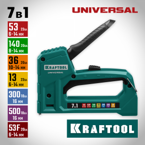 KRAFTOOL Universal степлер пластиковый 7-в-1: 53, 140, 13, 53F, 36, 300, 500, со скобами