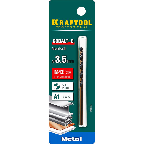 KRAFTOOL COBALT 3.5 х70мм, Сверло по металлу HSS-Co(8%) , сталь М42(S2-10-1-8)