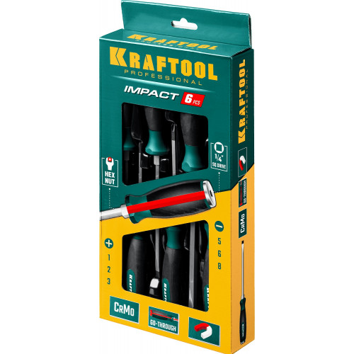 Набор отверток ударных ″IMPACT″, KRAFTOOL 25025, сквозной стержень из Cr-Mo-V стали, SL4,5x90мм, SL5,5x100мм, SL6,5x125мм, PH1x80мм, PH2x100мм