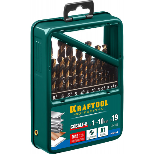 KRAFTOOL COBALT 19шт(1-10мм), Набор сверл по металлу HSS-Co(8%), сталь М42(S2-10-1-8)