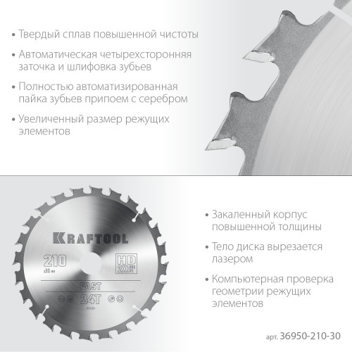 KRAFTOOL Fast 210х30мм 24Т, диск пильный по дереву