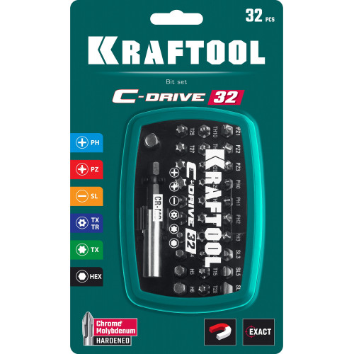 Набор KRAFTOOL: Биты ″C-Drive 32″ многофункциональные, CR-MO, адаптеры в ударопрочном компактном боксе, цветная маркировка типов шлицов. 32 предмет
