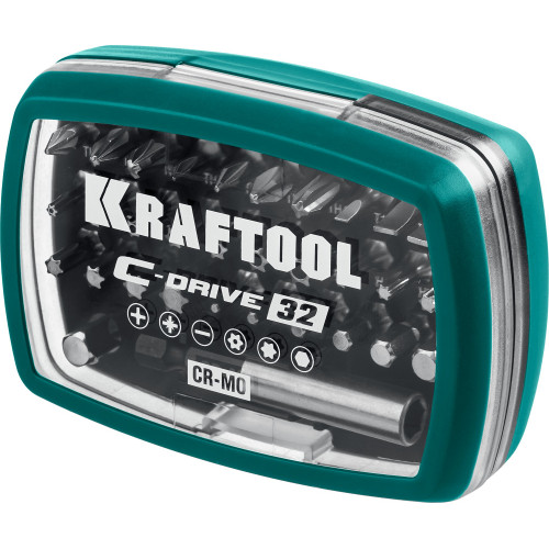 Набор KRAFTOOL: Биты ″C-Drive 32″ многофункциональные, CR-MO, адаптеры в ударопрочном компактном боксе, цветная маркировка типов шлицов. 32 предмет