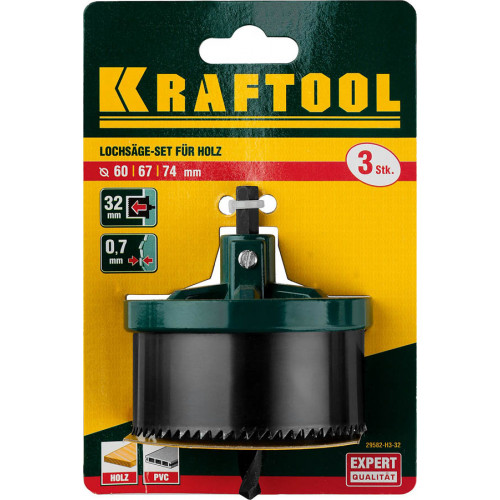 KRAFTOOL 3шт(60-74/32мм), пила сегментная наборная по дереву: 60-67-74x32 мм