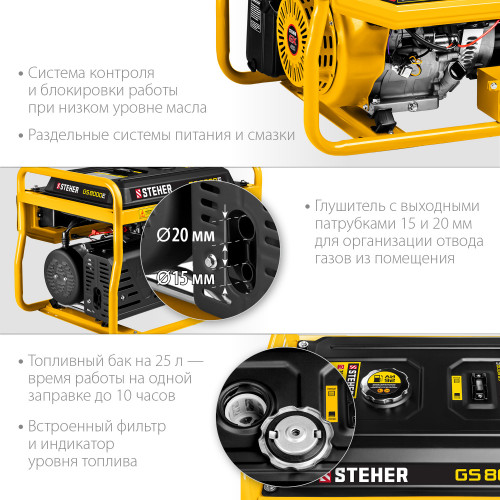 GS-8000Е бензиновый генератор с электростартером, 7000 Вт, STEHER