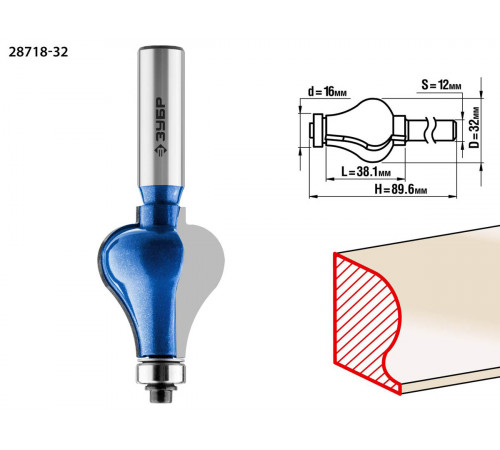 ЗУБР 32x38мм, хвостовик 12мм, фреза кромочная фигурная №7