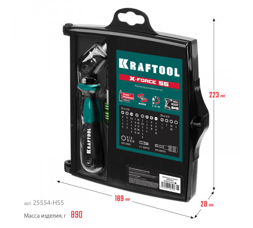 KRAFTOOL X-Force-55 набор: реверсивно-рычажная отвертка с насадками 55 шт