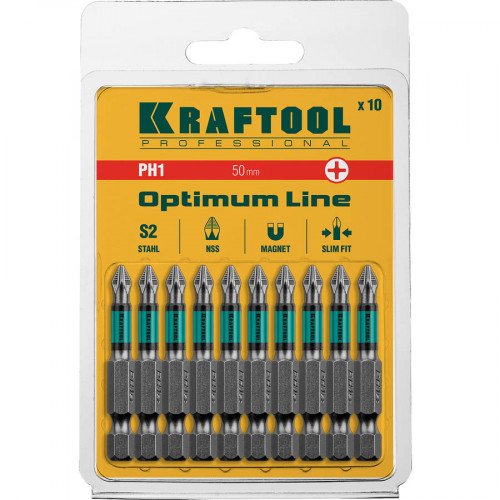 Optimum Line Биты, PH1, 50 мм, тип хвостовика E 1/4″, 10 шт в блистере, KRAFTOOL
