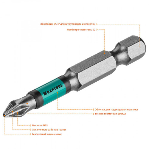 Optimum Line Биты, PH1, 50 мм, тип хвостовика E 1/4″, 10 шт в блистере, KRAFTOOL