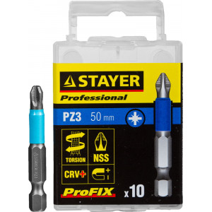 Биты STAYER ″PROFESSIONAL″ ProFix Pozidriv, тип хвостовика E 1/4″, № 3, L=50мм, 10шт