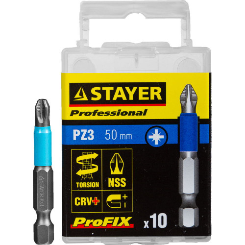 Биты STAYER ″PROFESSIONAL″ ProFix Pozidriv, тип хвостовика E 1/4″, № 3, L=50мм, 10шт