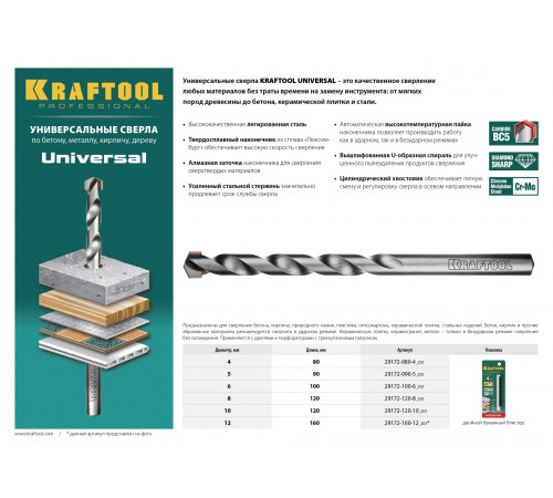 KRAFTOOL UNIVERSAL 8 х 120 мм сверло универсальное по металлу, бетону, кирпичу, керамике PROFESSIONAL