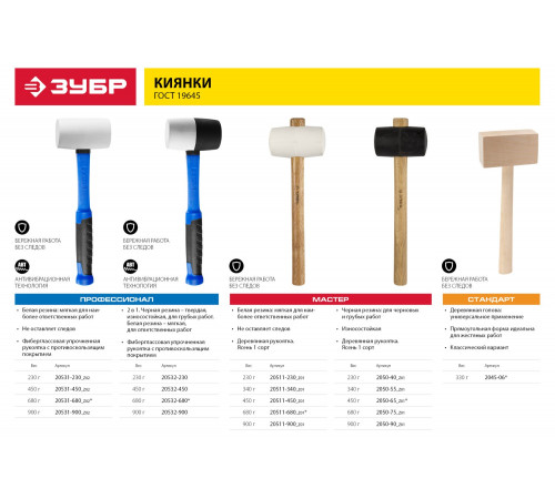 ЗУБР МАСТЕР 230г резиновая Белая киянка с деревянной рукояткой