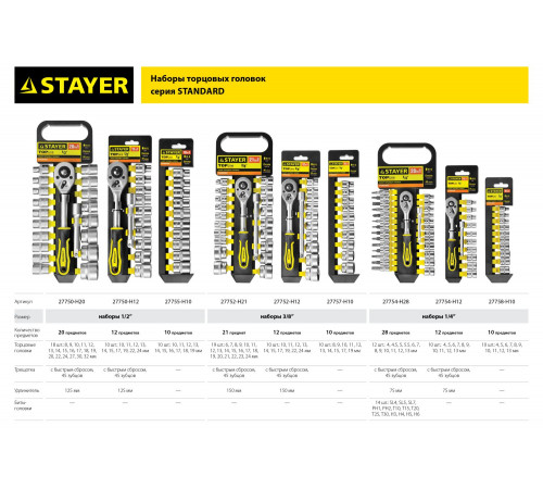 STAYER RSS 12S набор торцовых головок и бит-головок 12 предм.