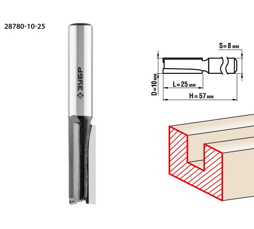 ЗУБР 10x25мм, хвостовик 8мм, фреза пазовая прямая