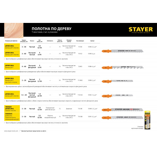 STAYER T101D, полотна для эл/лобзика, HCS, по дереву, ДСП, ДВП, Т-хвостовик, шаг 4мм, 75мм, 2шт, STAYER Professional