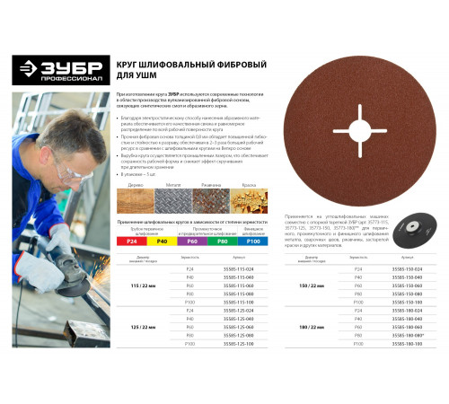 Круг шлифовальный ЗУБР ″ПРОФИ″ фибровый, для УШМ, P100, 125х22мм, 5 листов