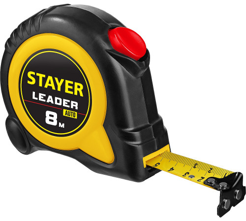 STAYER LEADER 8м / 25мм рулетка с автостопом в ударостойком обрезиненном корпусе