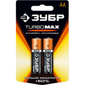 Щелочная батарейка 1.5 В, тип АА, 2 шт, ЗУБР Turbo-MAX